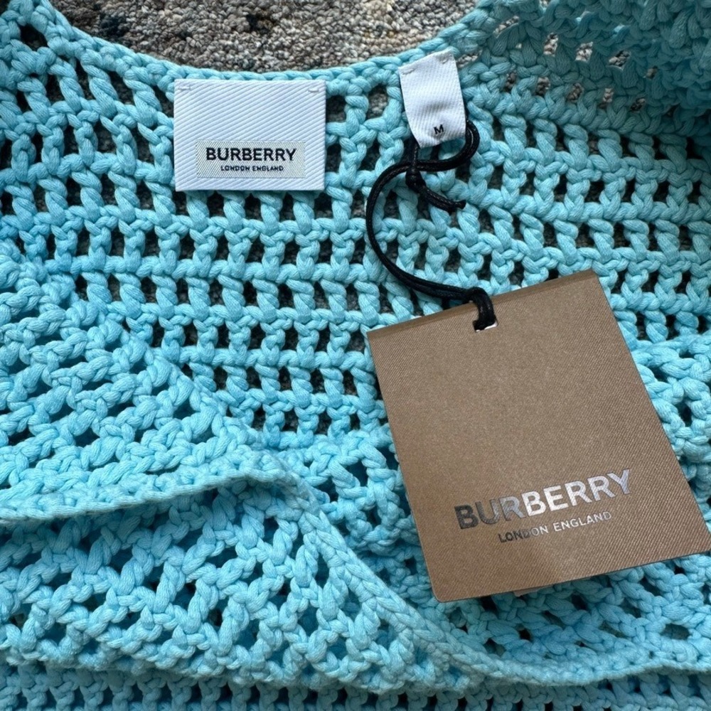 Burberry Blue Crochet Pom-Pom Trim Mini Dress Cover-Up NWT Womens M Beachy Boho - Picture 6 of 9
